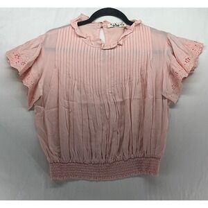 Love Birds Pink Eyelet Flutter‎ Sleeve Pintuck Smocked Waist Blouse XL